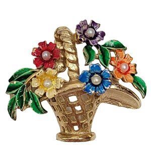 St. Labre Gold Tone Multicolor Enamel Clear Rhinestone Basket of Flowers Brooch